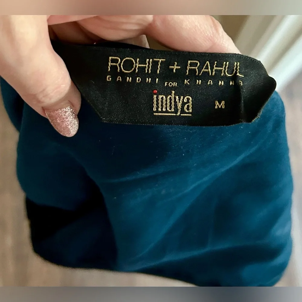 Teal Foil Print Lehenga & One Shoulder Blouse With Attached Drape — Size Medium - Picture 15 of 15